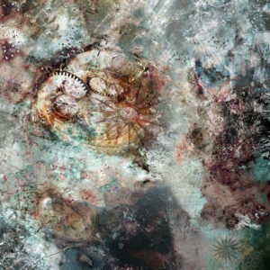 Peinture abstraite. horloge, cosmos, création du Temps et de l’espace. Mémoires. Brume de textures, astral et acier. Effet minéral et métal rouillé.