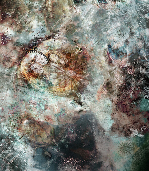 Peinture abstraite. horloge, cosmos, création du Temps et de l’espace. Mémoires. Brume de textures, astral et acier. Effet minéral et métal rouillé.