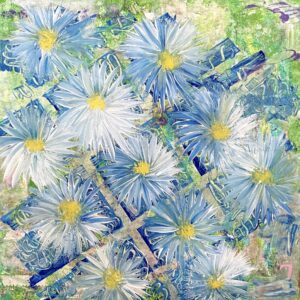 Peinture effet couteau représentant un damier de marguerites bleues avec un cœur jaune vues de dessus sur un fond vert printemps.